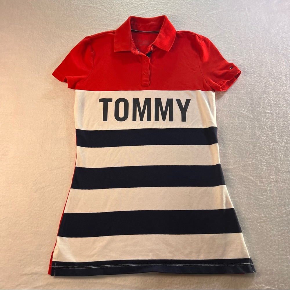 Tommy Hilfiger Red and Navy Striped Polo